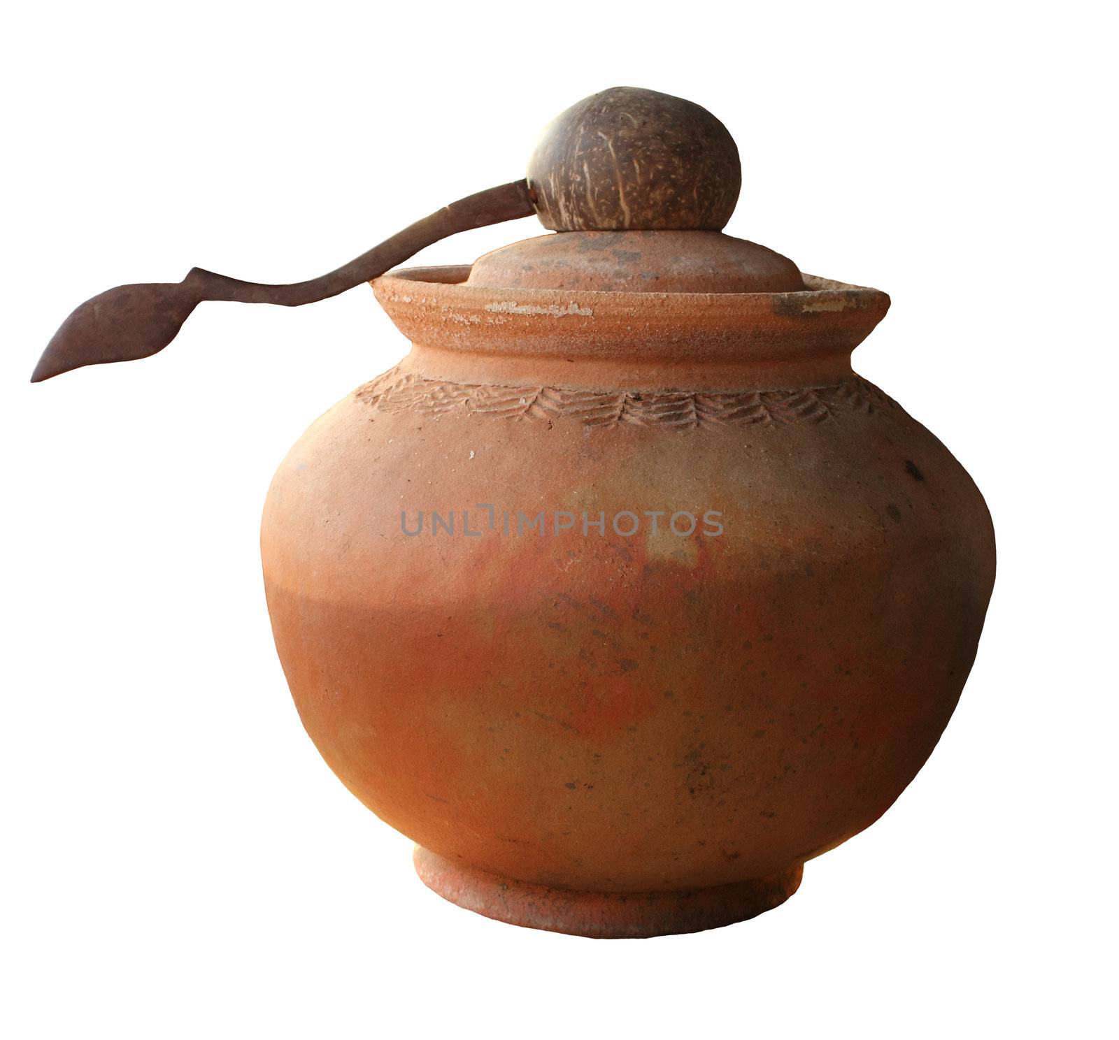 A clay pot to fill water and a deep spoon made of coconut shell