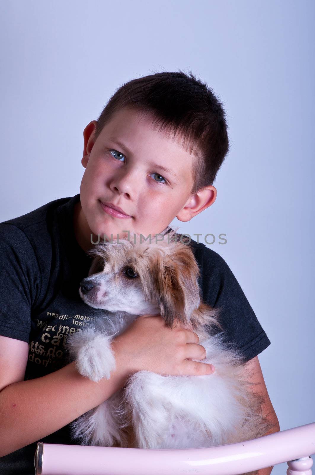 Young boy and dog. Portrait in studio on a grey background.