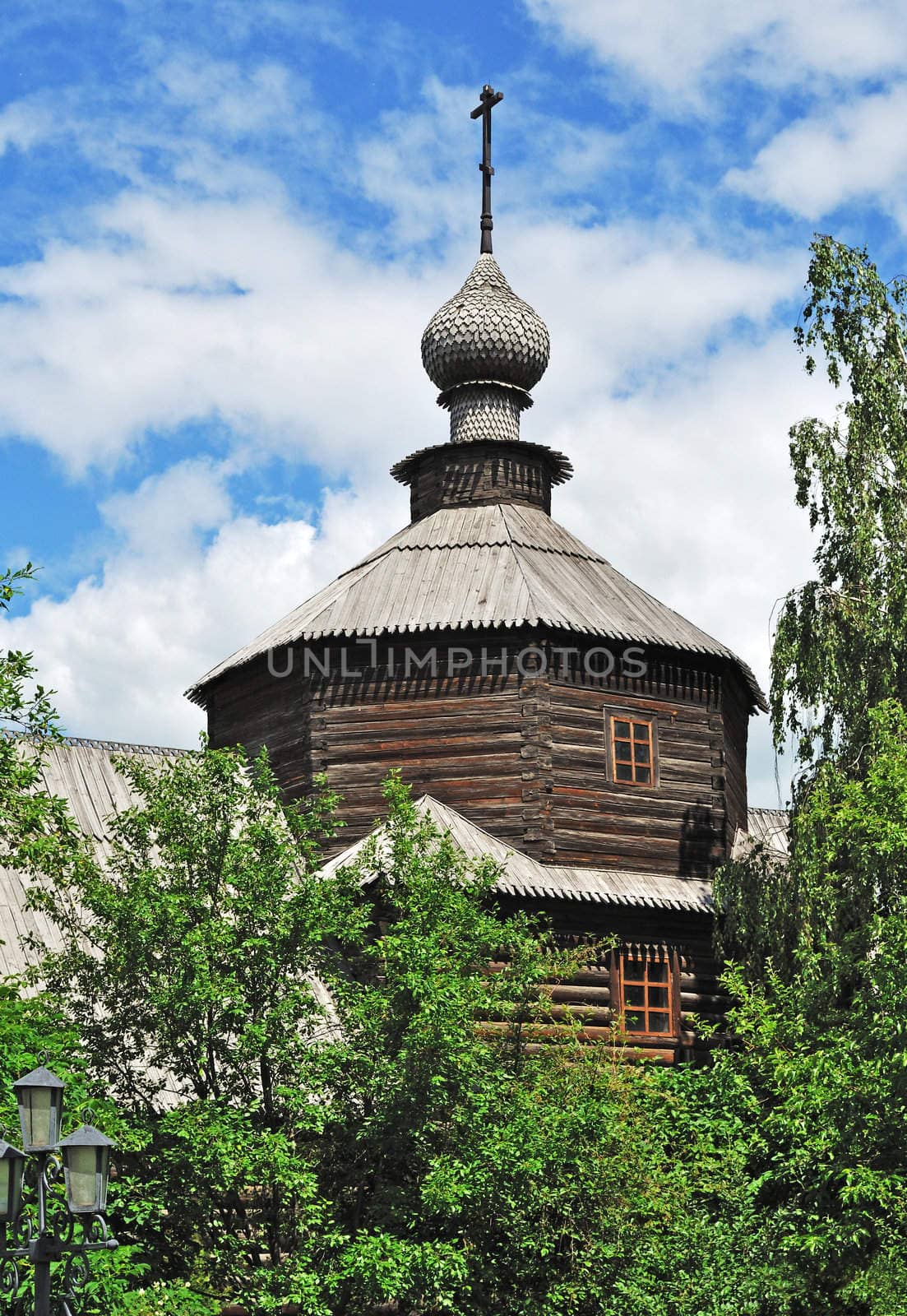 Cupola of ancient wooden church of Sergey Radonezhsky in Holy Trinity Monastery (18 century) of Murom city, Vladimir region, Russia