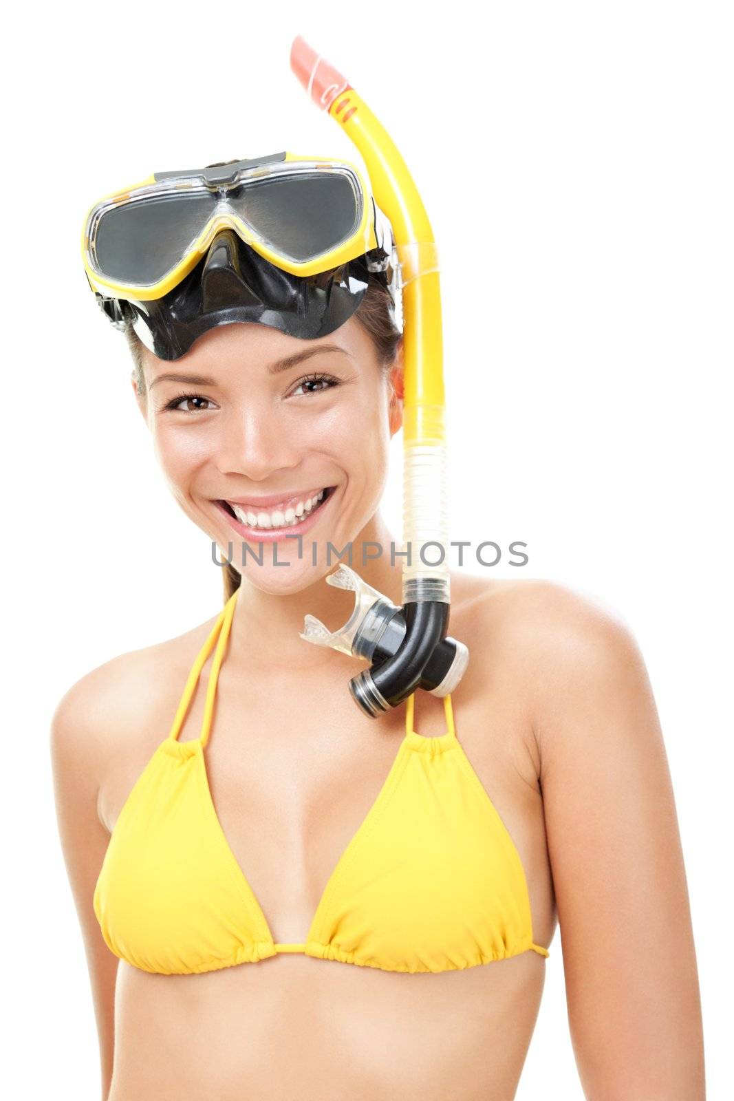 Woman snorkeler with goggles, flippers and snorkel smiling in summer bikini. Snorkeling, swimming, vacation concept isolated on white background. Chinese Asian / Caucasian female model