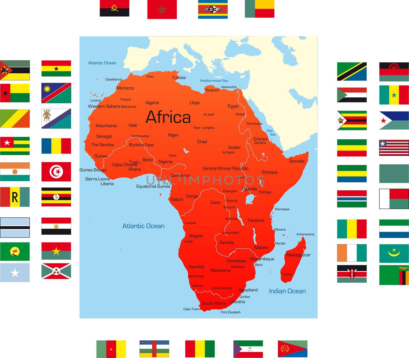 Abstract map of africa continent with counties flags