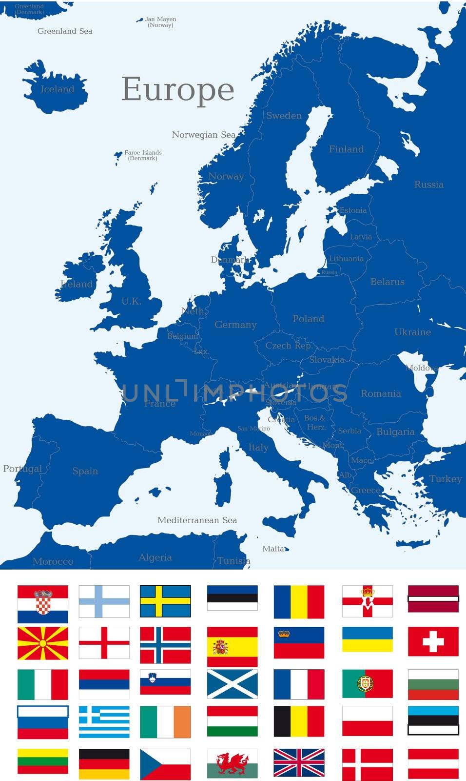 Abstract map of europe continent with countries flags