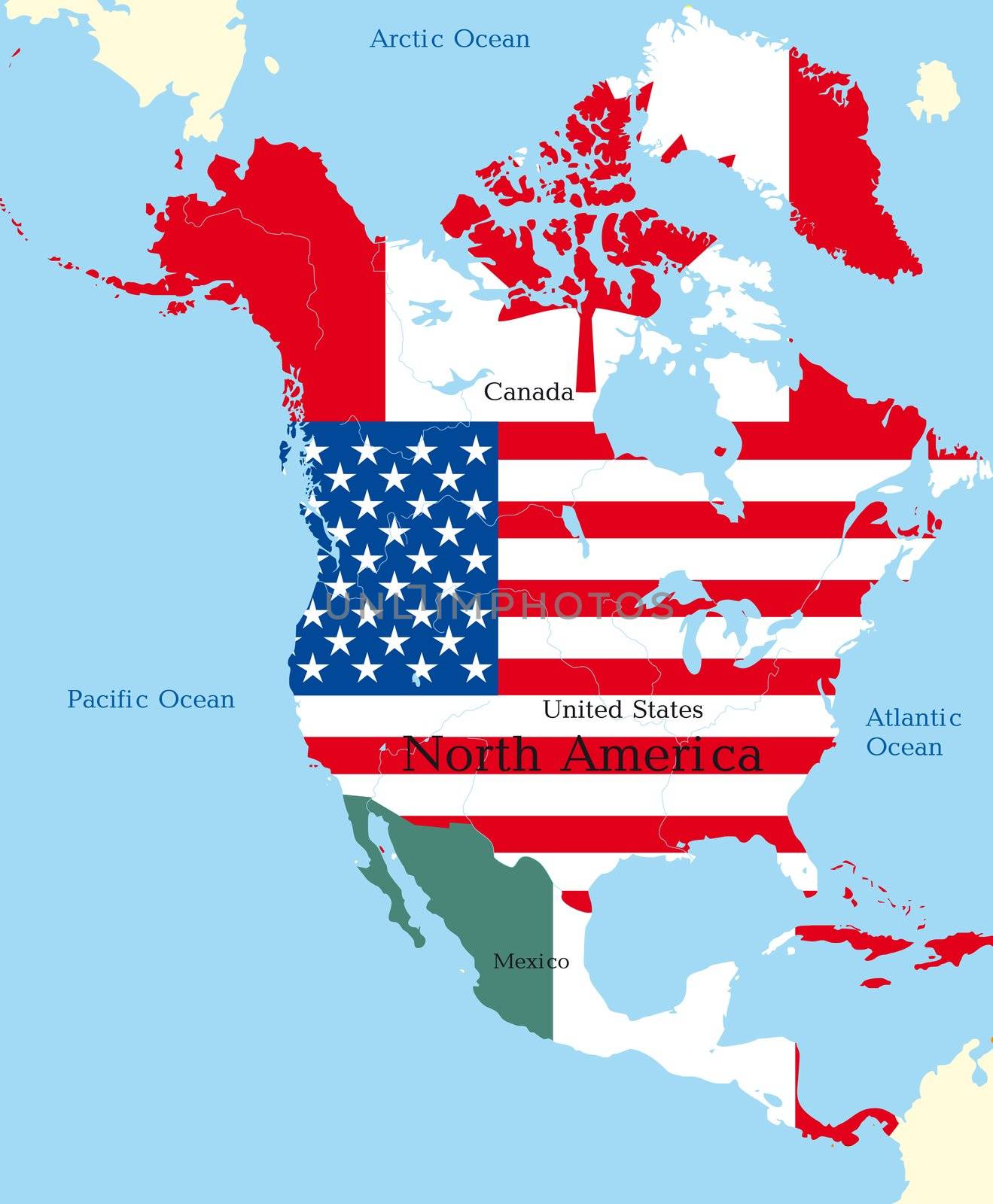 Abstract map of north america colored by flags