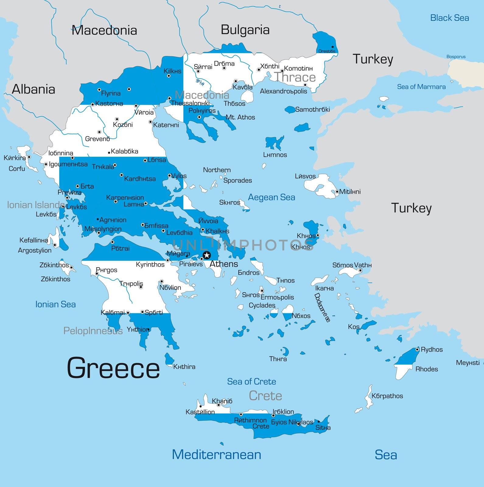 Abstract vector color map of Greece country coloured by national flag 