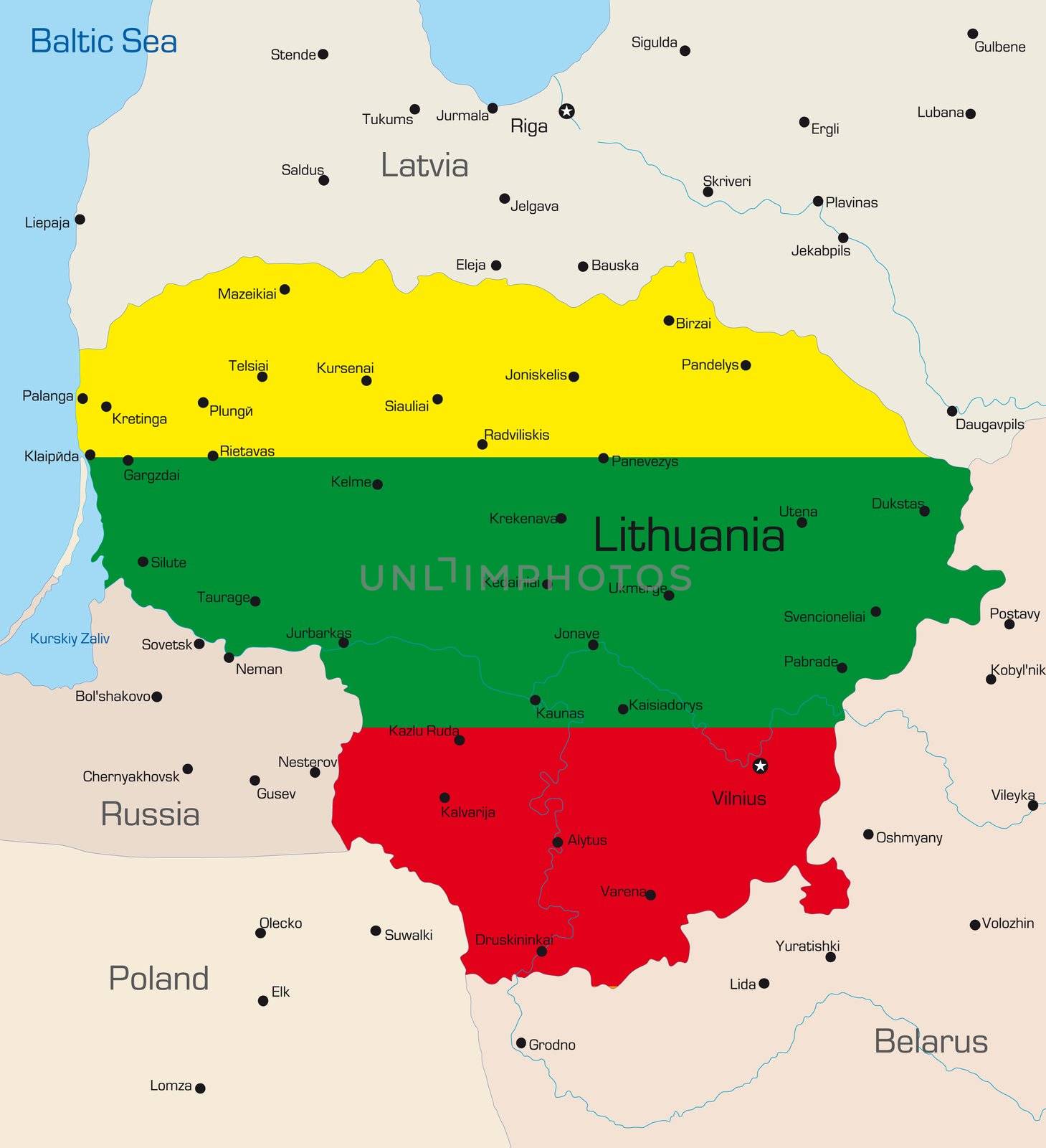 Abstract vector color map of Lithuania country coloured by national flag 