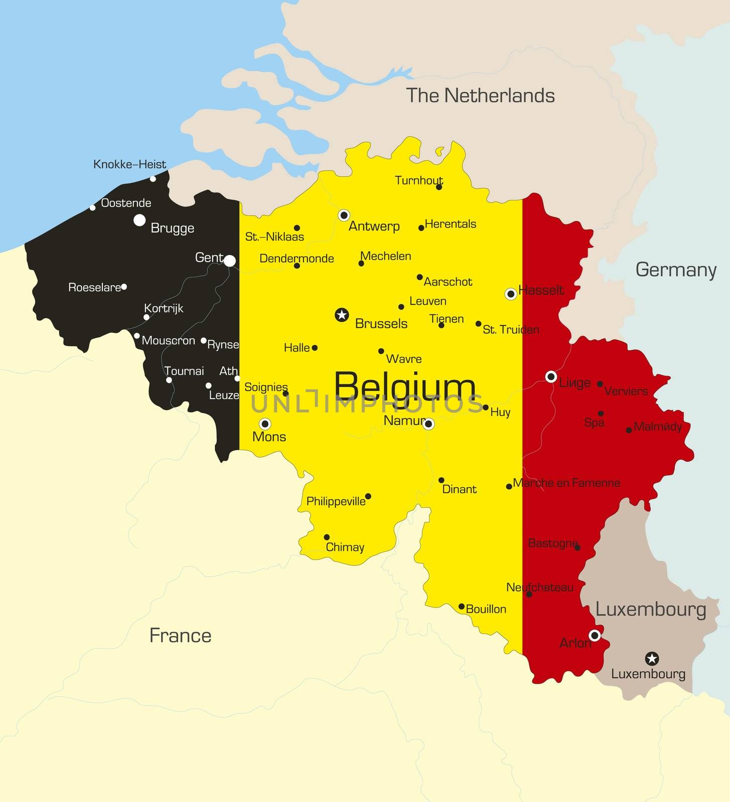 Abstract vector color map of Belgium country coloured by national flag 