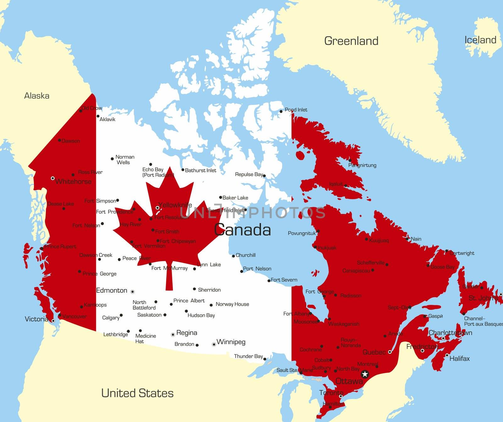 Abstract vector color map of Canada country coloured by national flag 