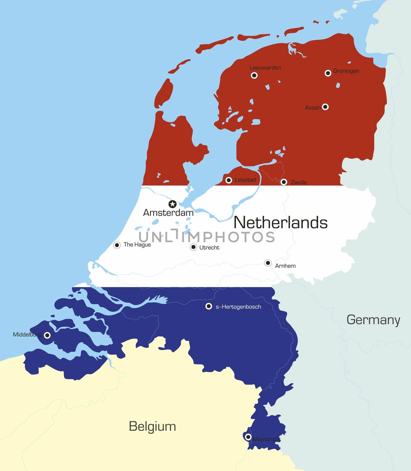 Abstract vector color map of Netherlands country coloured by national flag 