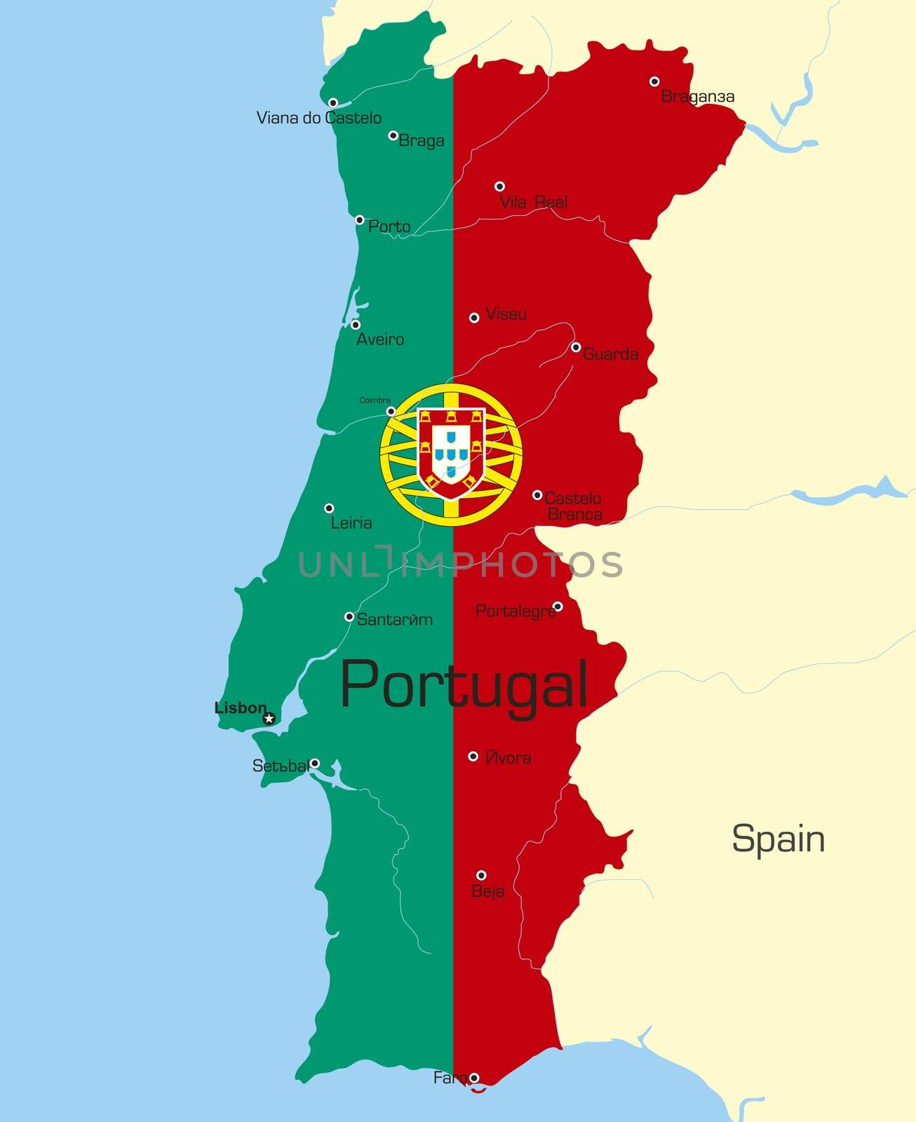 Abstract vector color map of Portugal country coloured by national flag 