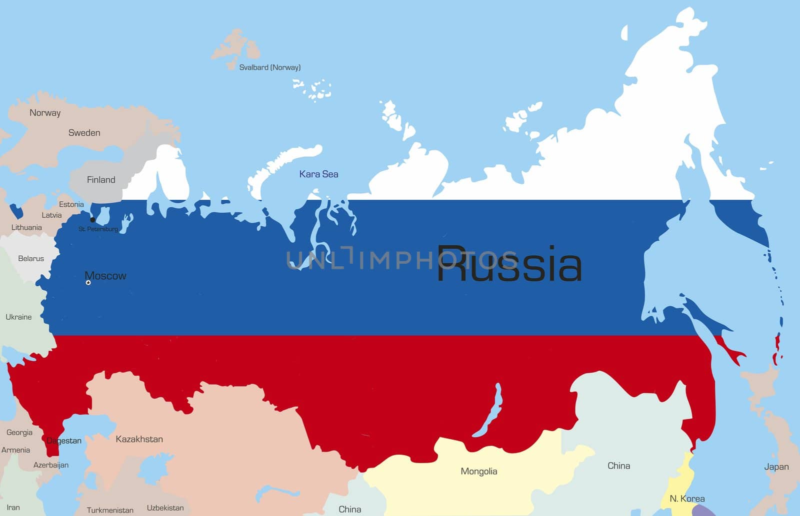 Abstract vector color map of Russia country coloured by national flag 