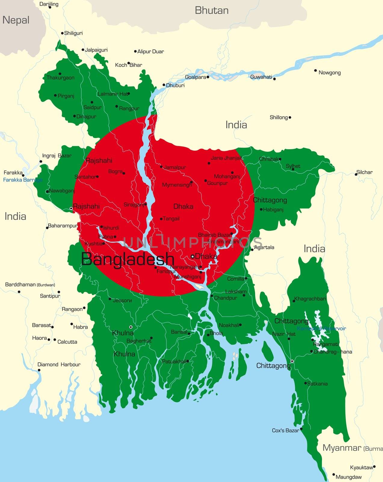 Vector map of Bangladesh country colored by national flag