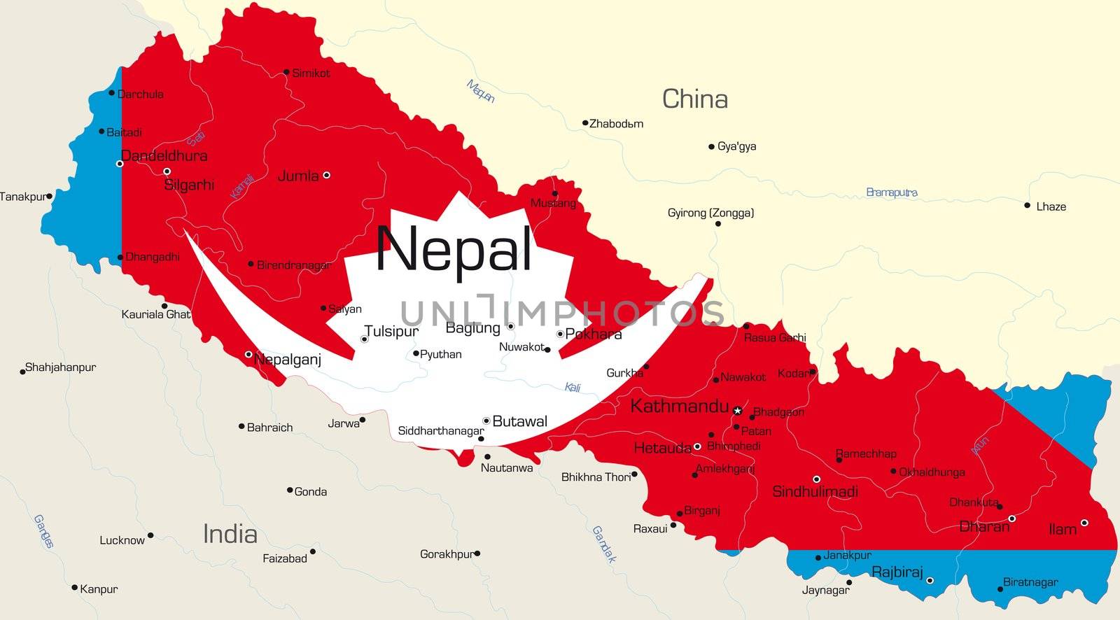 Vector map of Nepal country colored by national flag