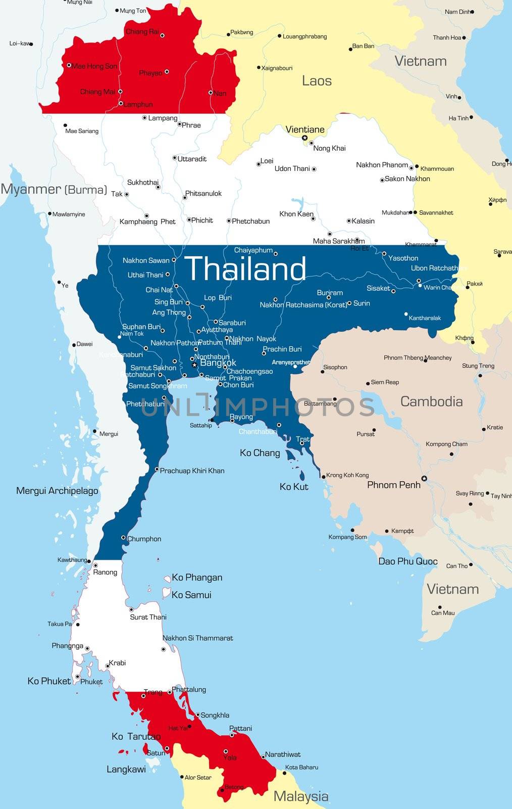 Vector map of Thailand country colored by national flag