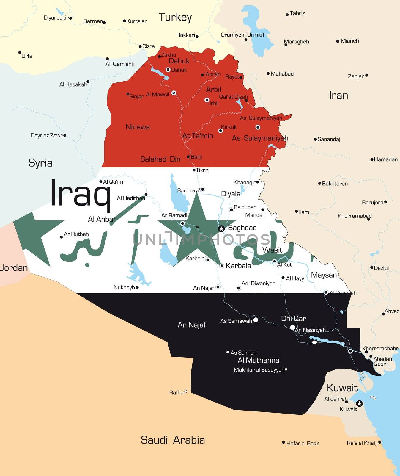 Abstract vector color map of Iraq country colored by national flag
