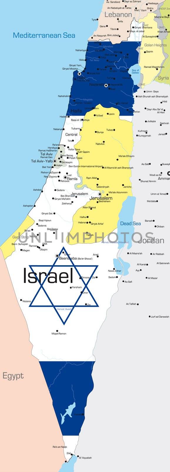 Abstract vector color map of Israel country colored by national flag
