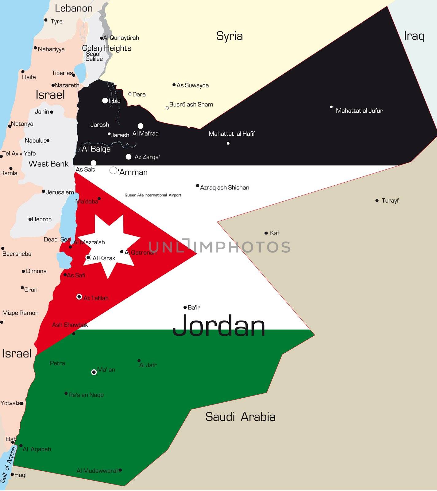 Abstract vector color map of Jordan country colored by national flag
