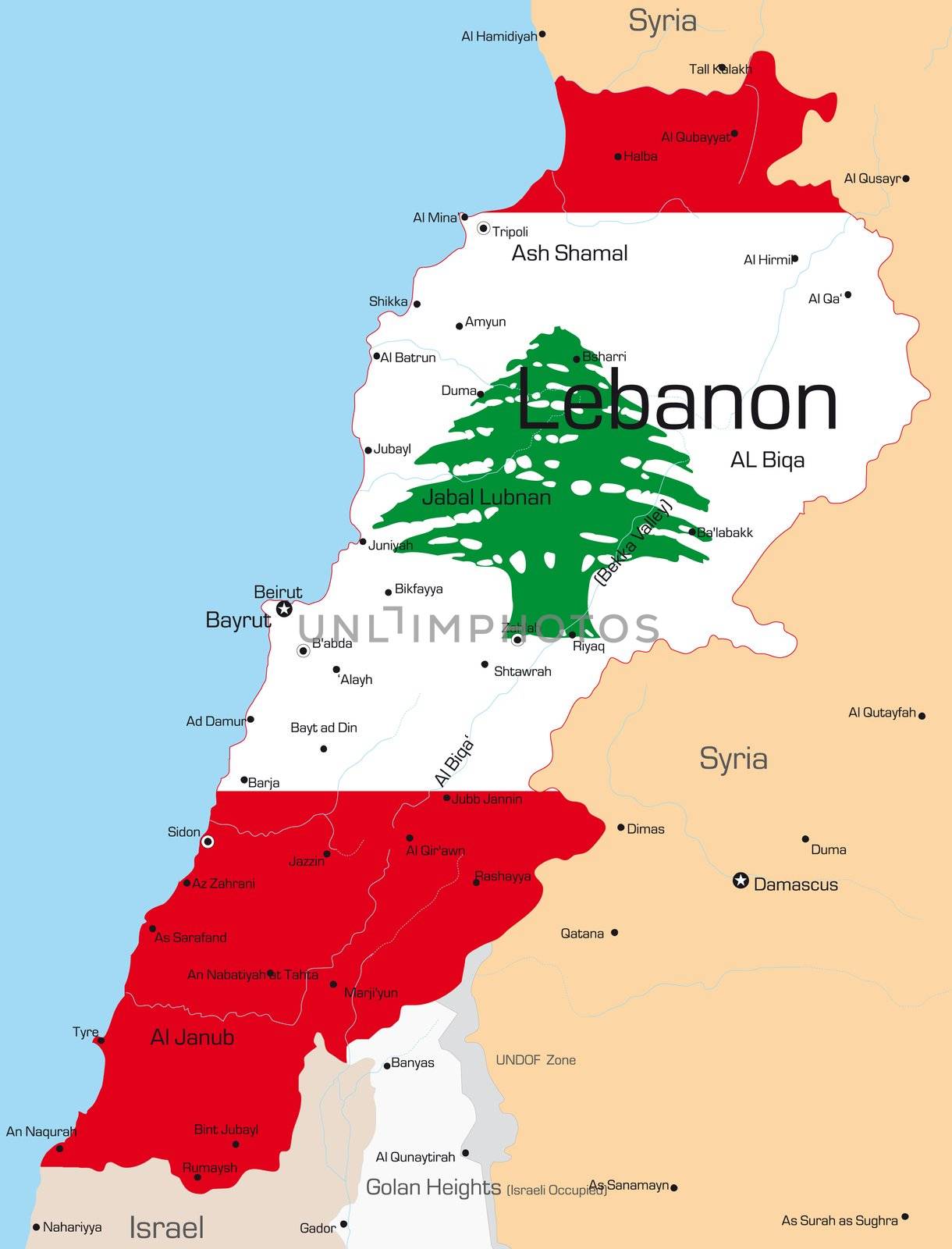 Abstract vector color map of Lebanon country colored by national flag
