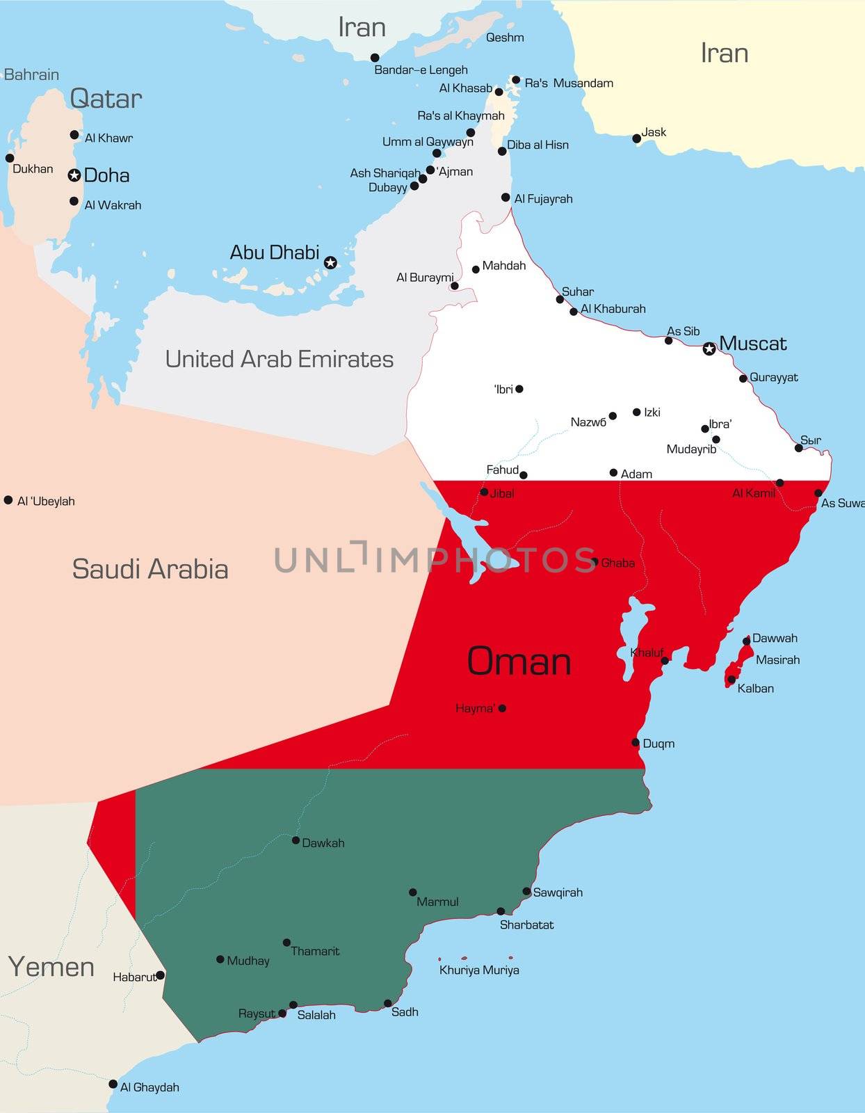 Abstract vector color map of Oman country colored by national flag

