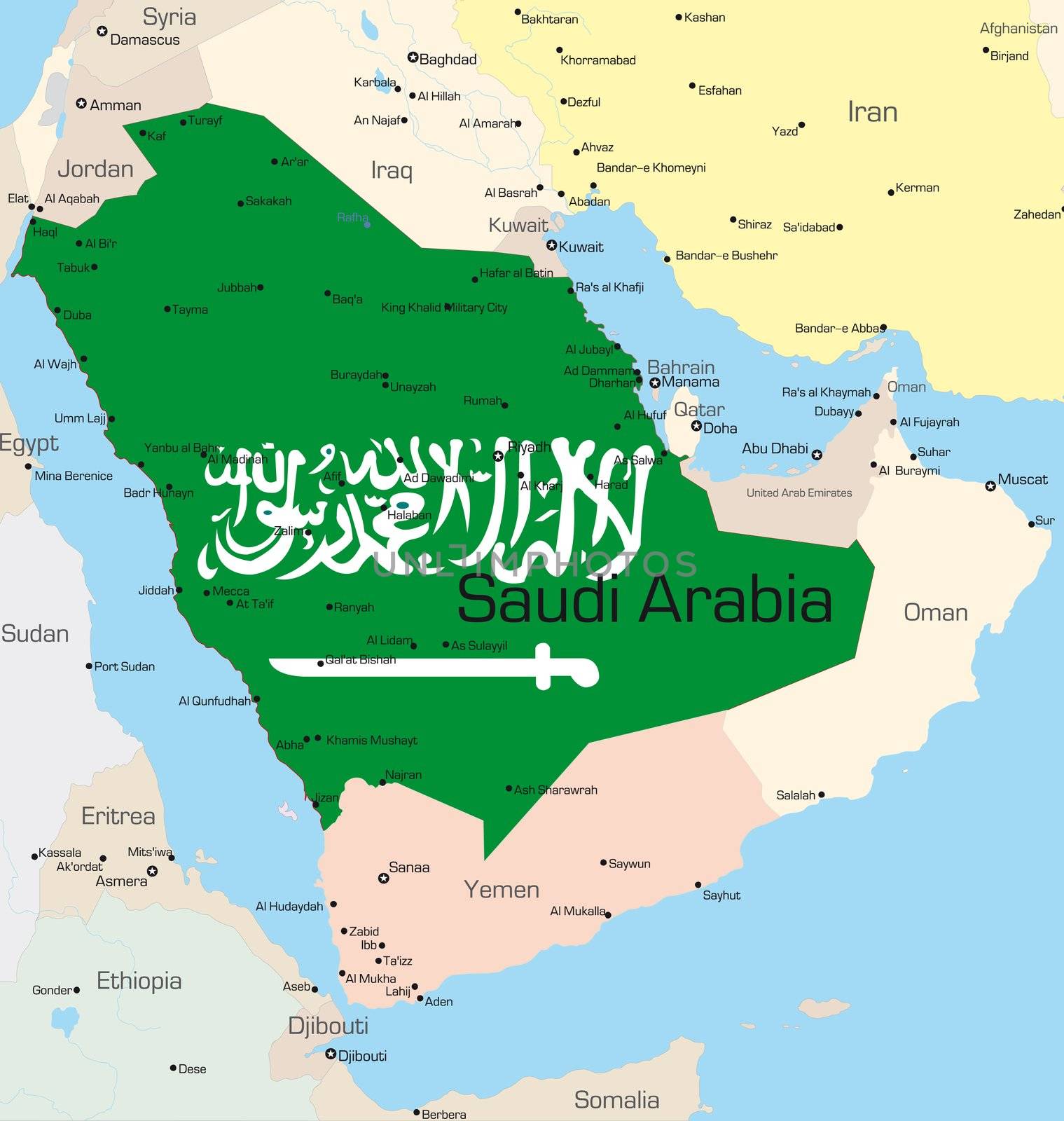 Abstract vector color map of Saudi Arabia country colored by national flag
