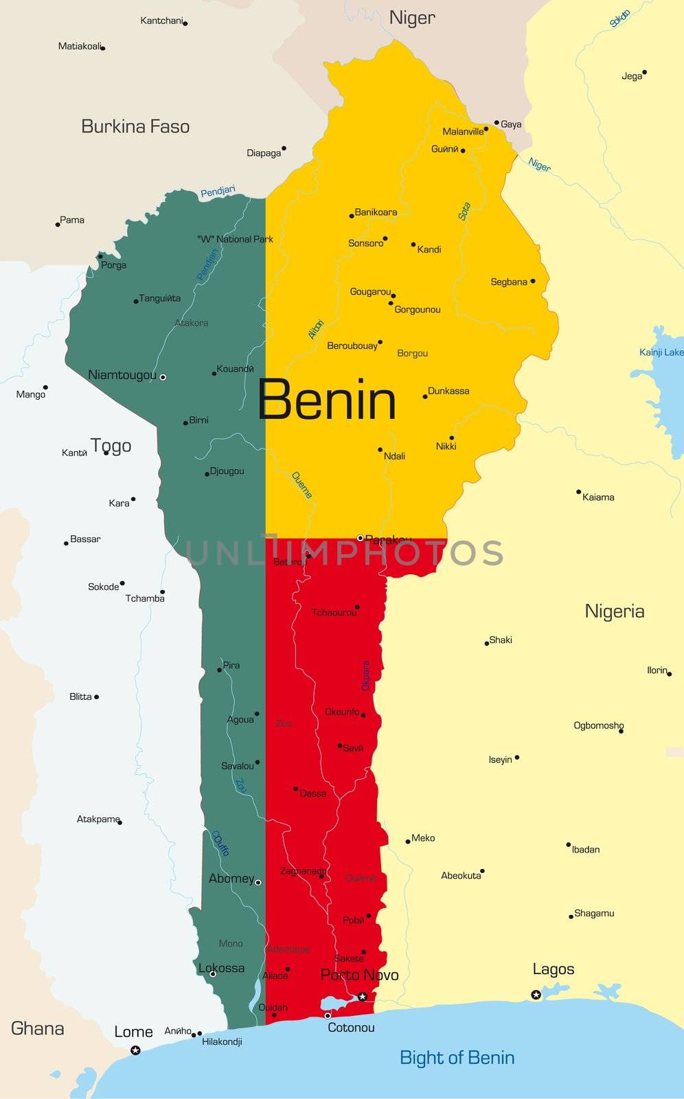 Abstract vector color map of Benin country colored by national flag
