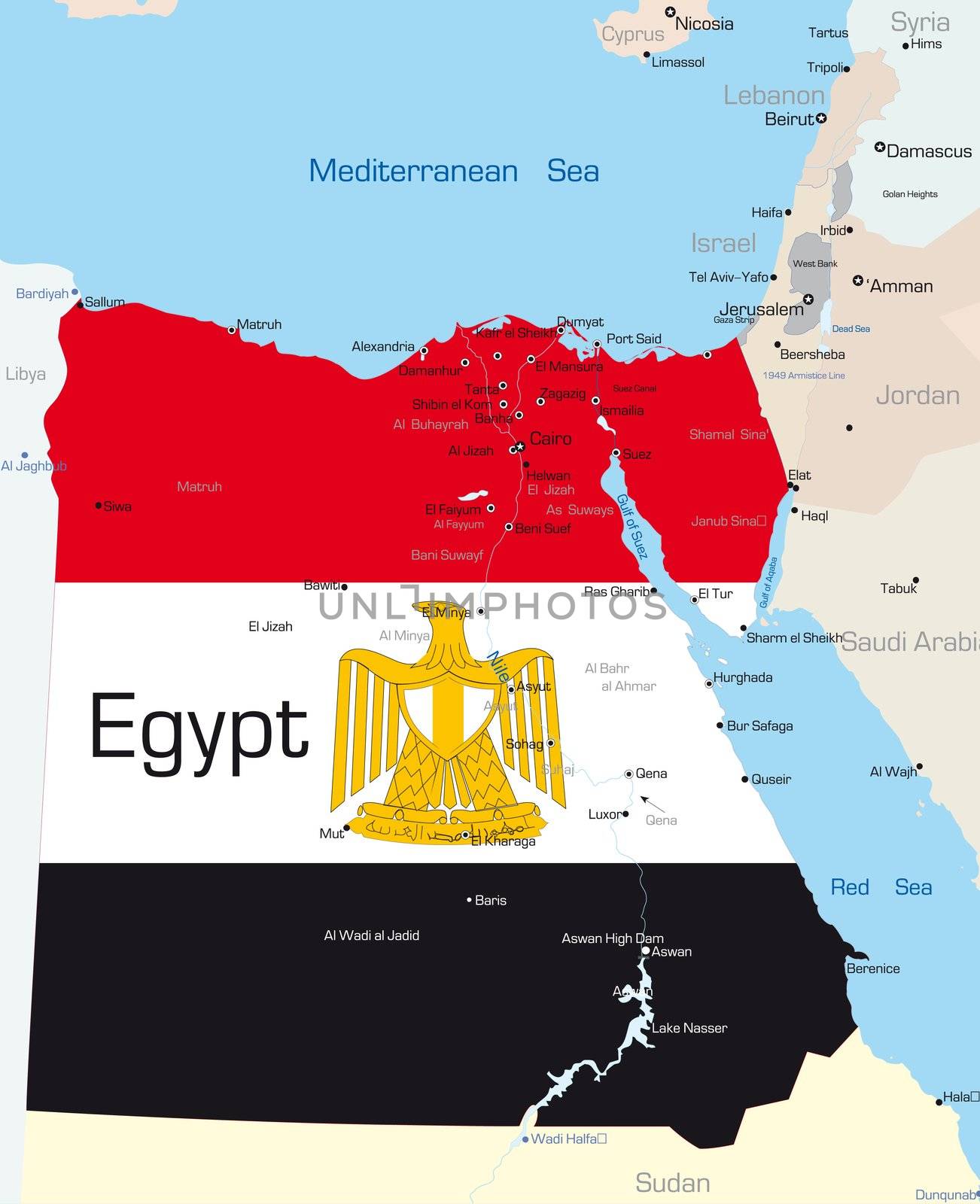 Abstract vector color map of Egypt country colored by national flag
