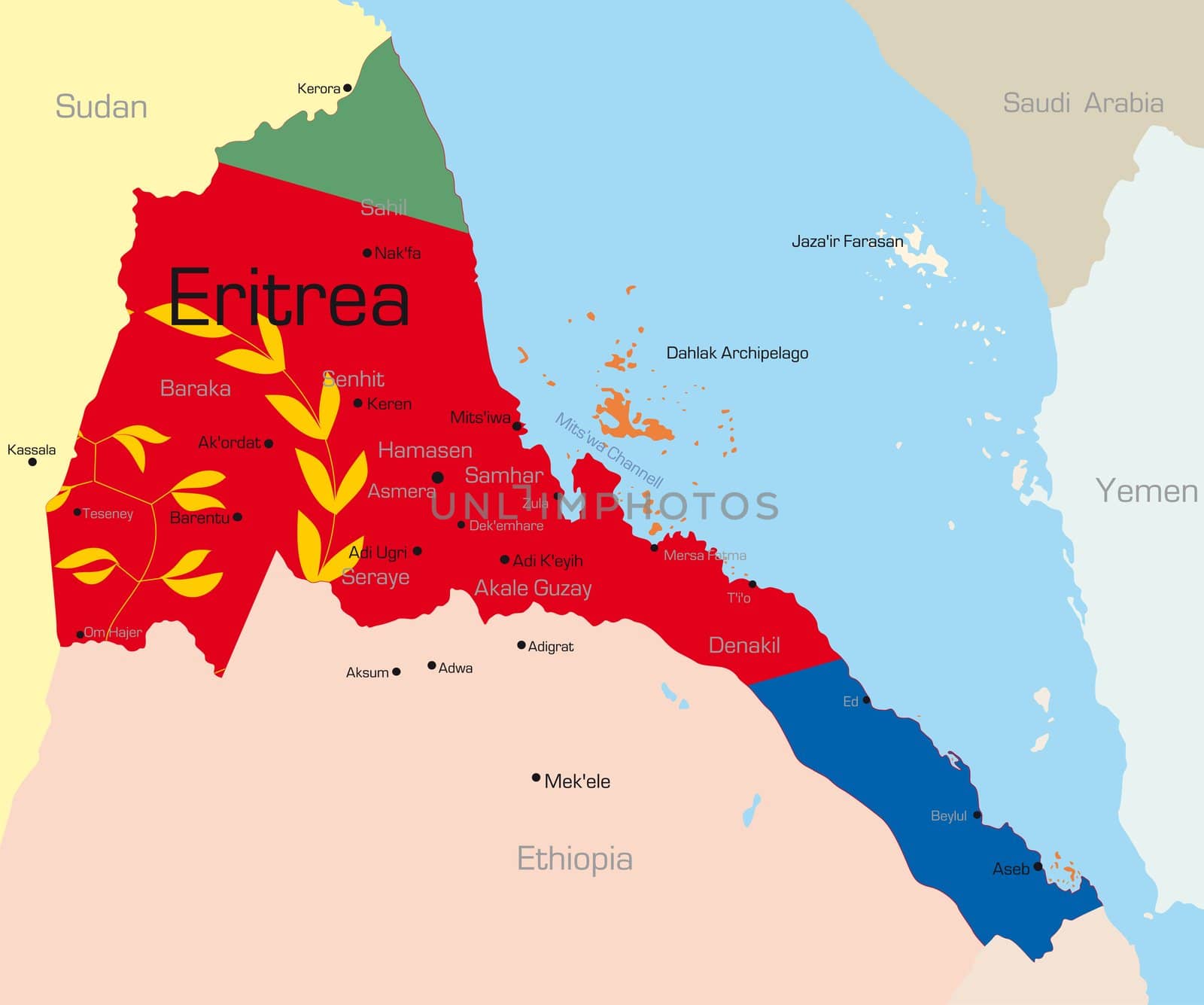 Abstract vector color map of Eritrea country colored by national flag