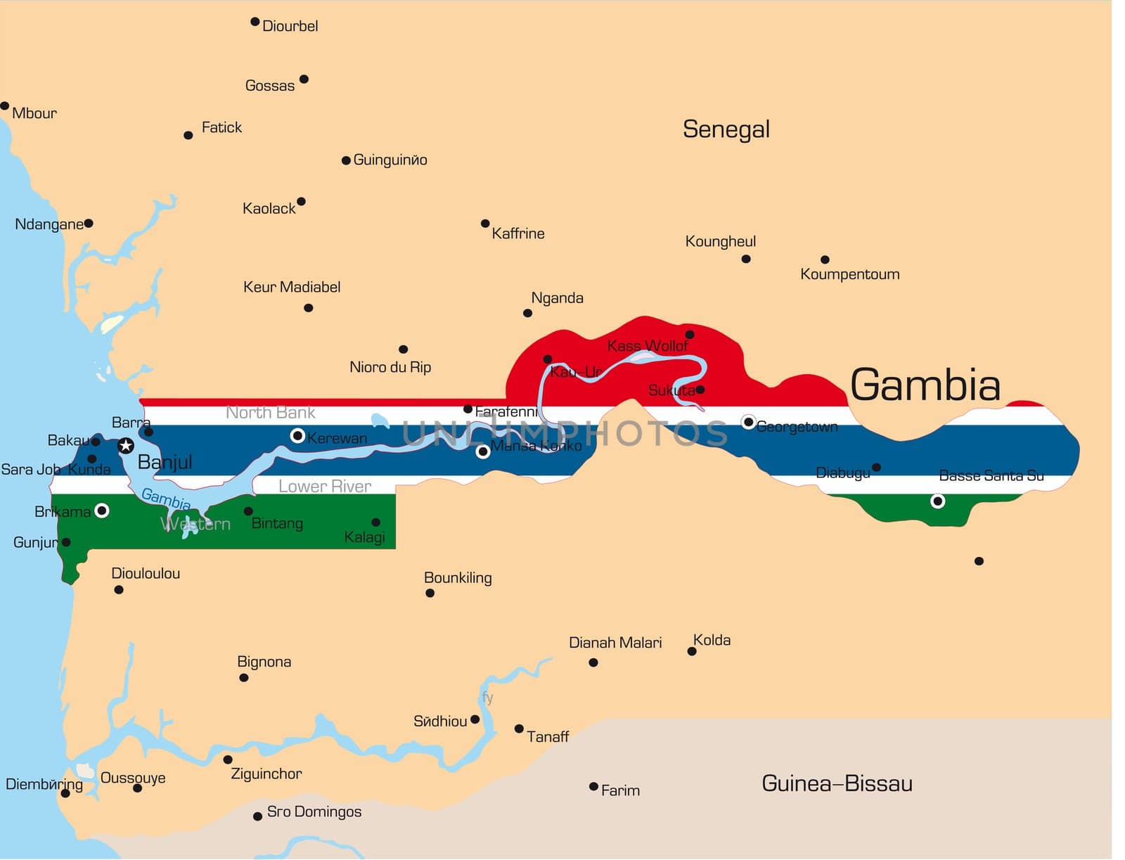 Abstract vector color map of Gambia country colored by national flag

