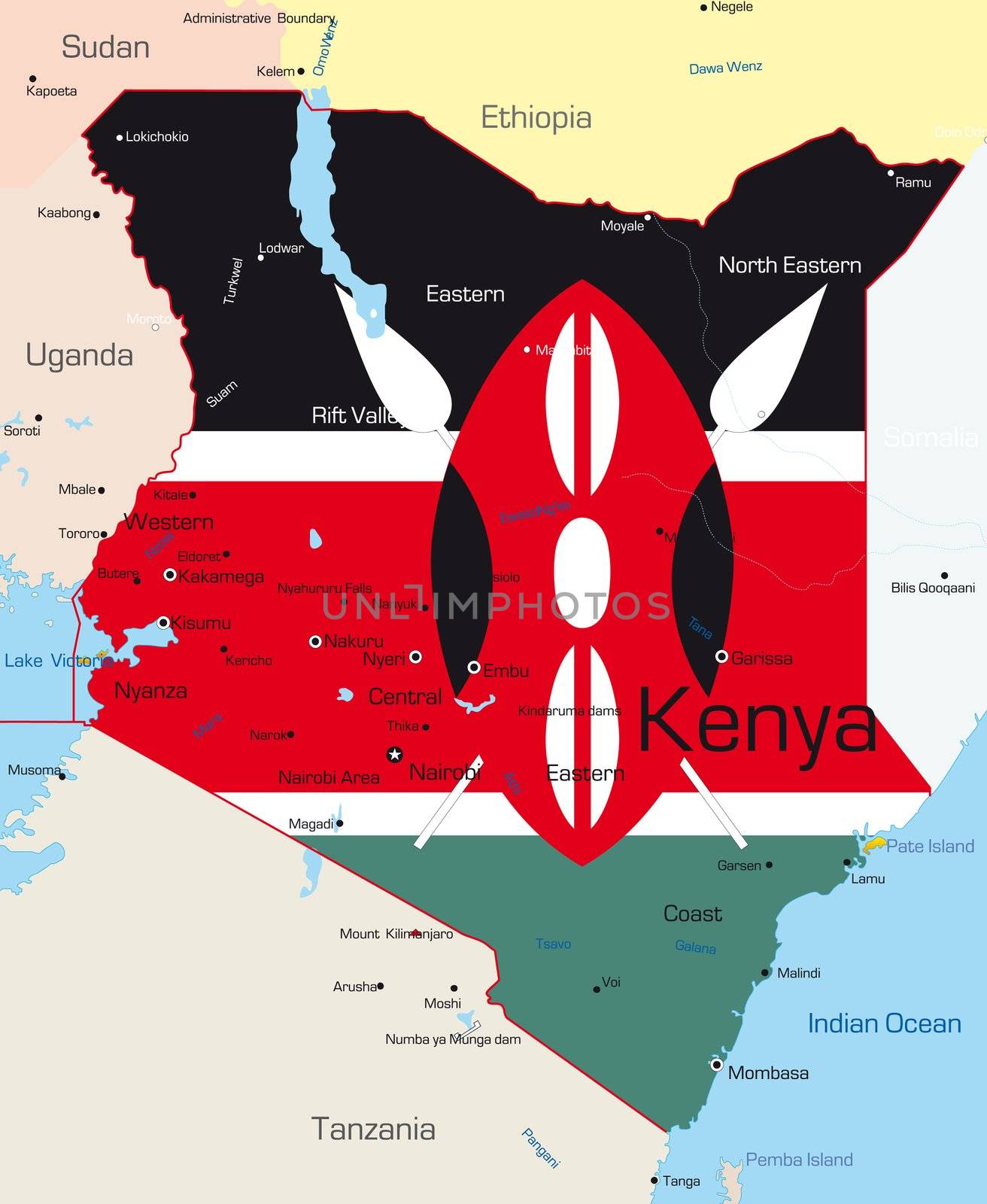 Abstract vector color map of Kenya country colored by national flag