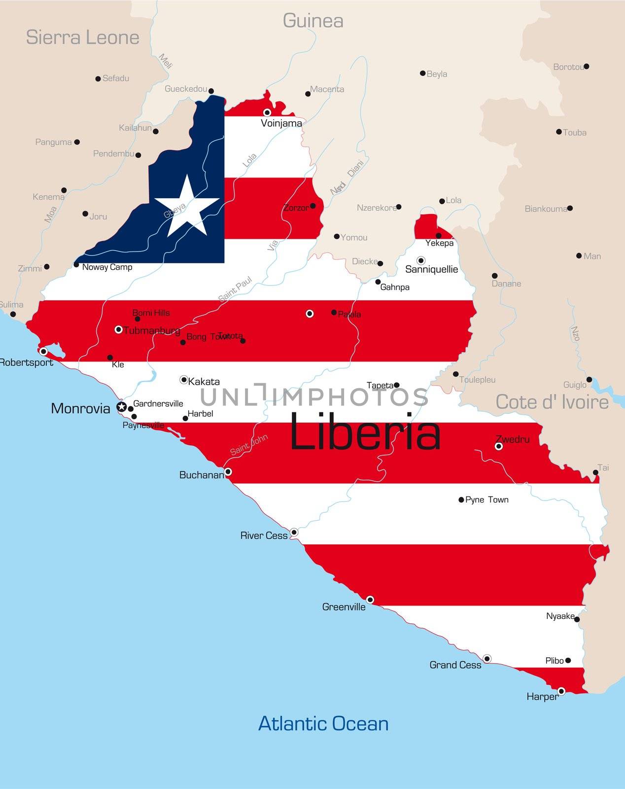 Abstract vector color map of Liberia country colored by national flag