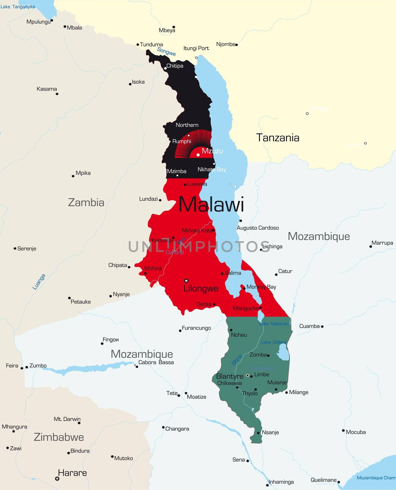 Abstract vector color map of Malawi country colored by national flag