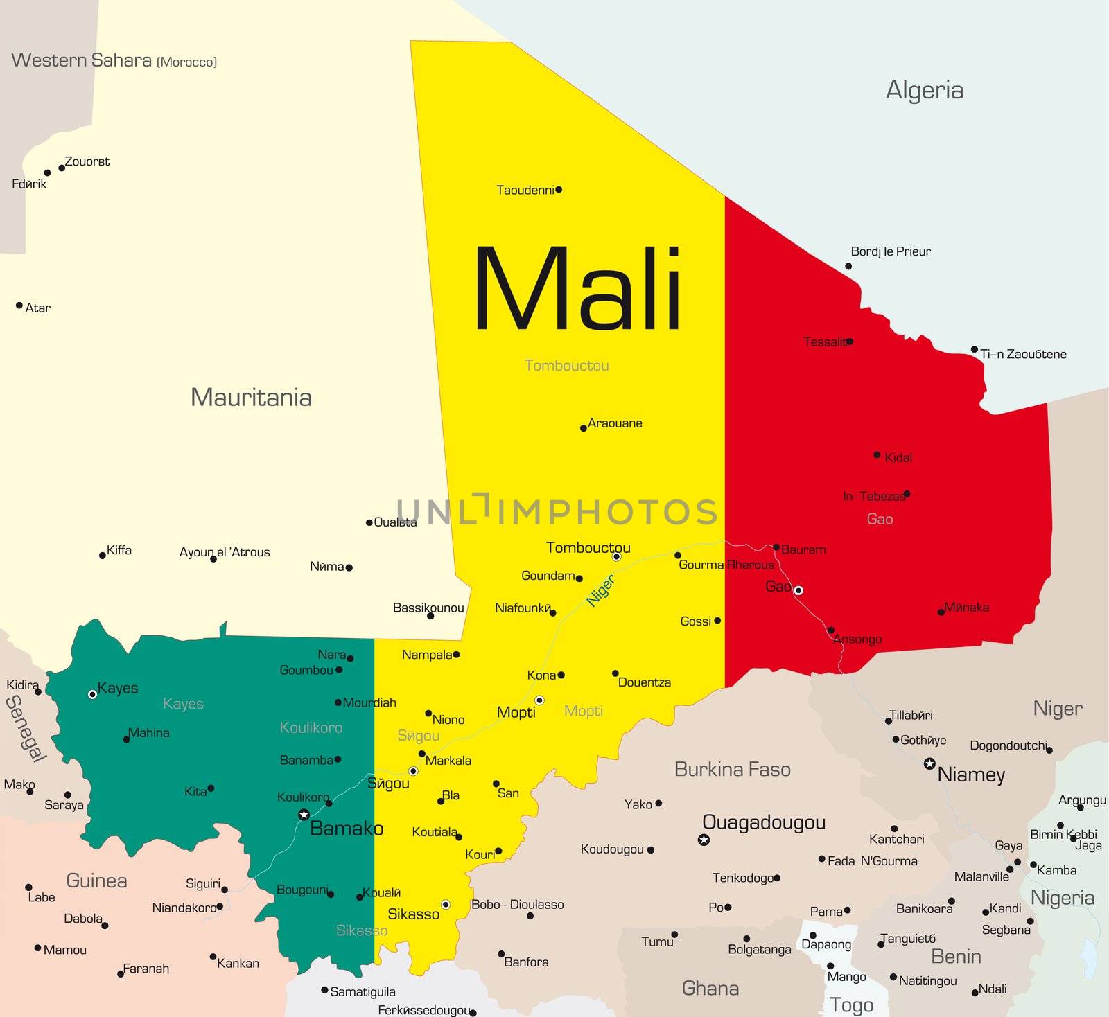 Abstract vector color map of Mali country colored by national flag