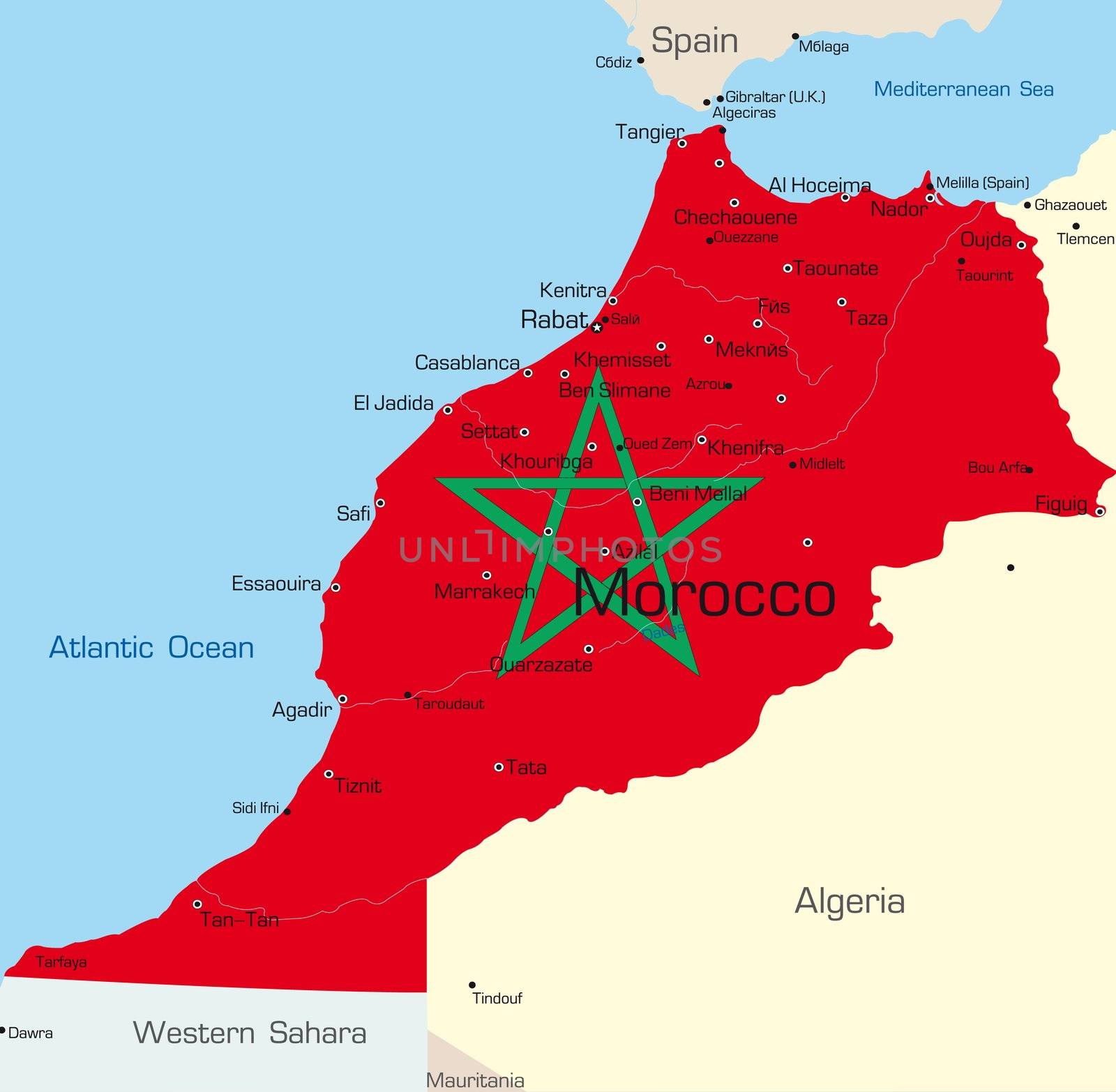 Abstract vector color map of Morocco country colored by national flag