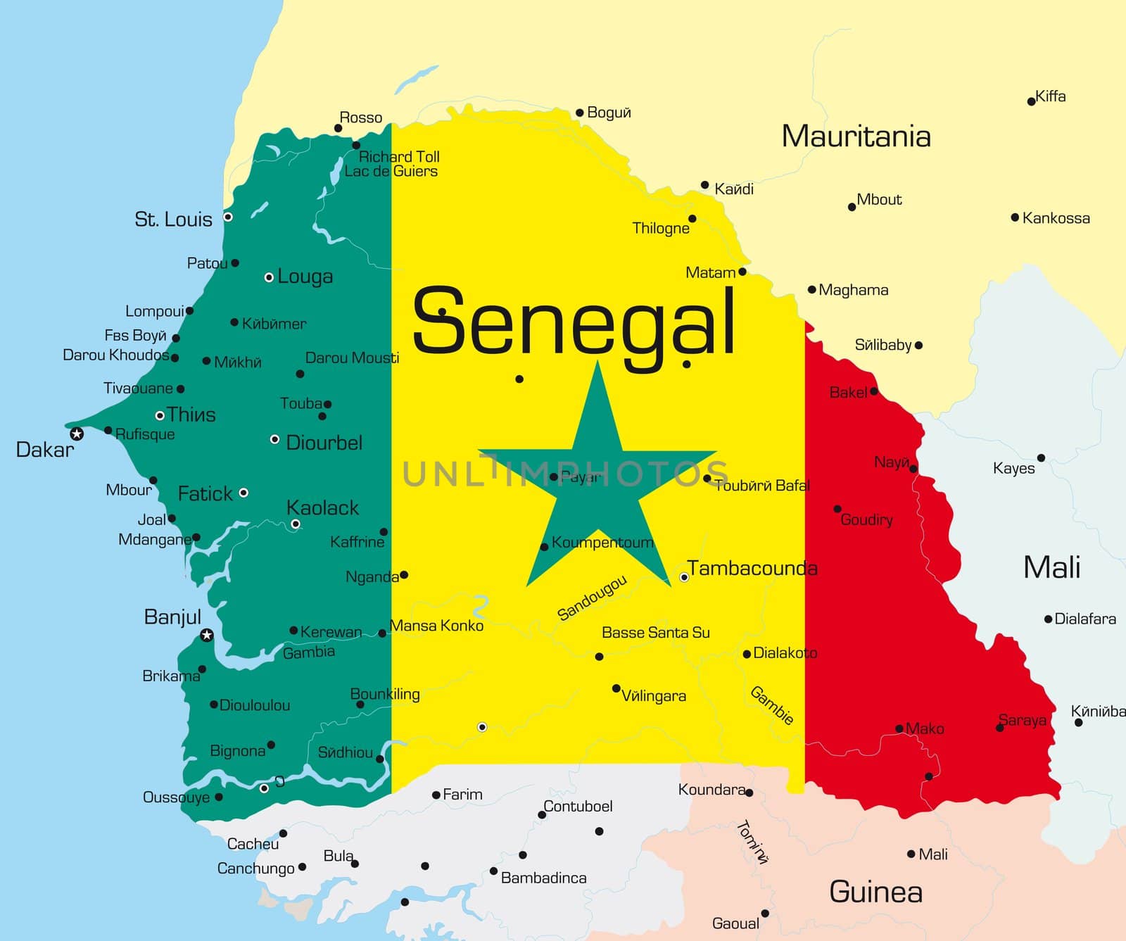 Abstract vector color map of Senegal country colored by national flag
