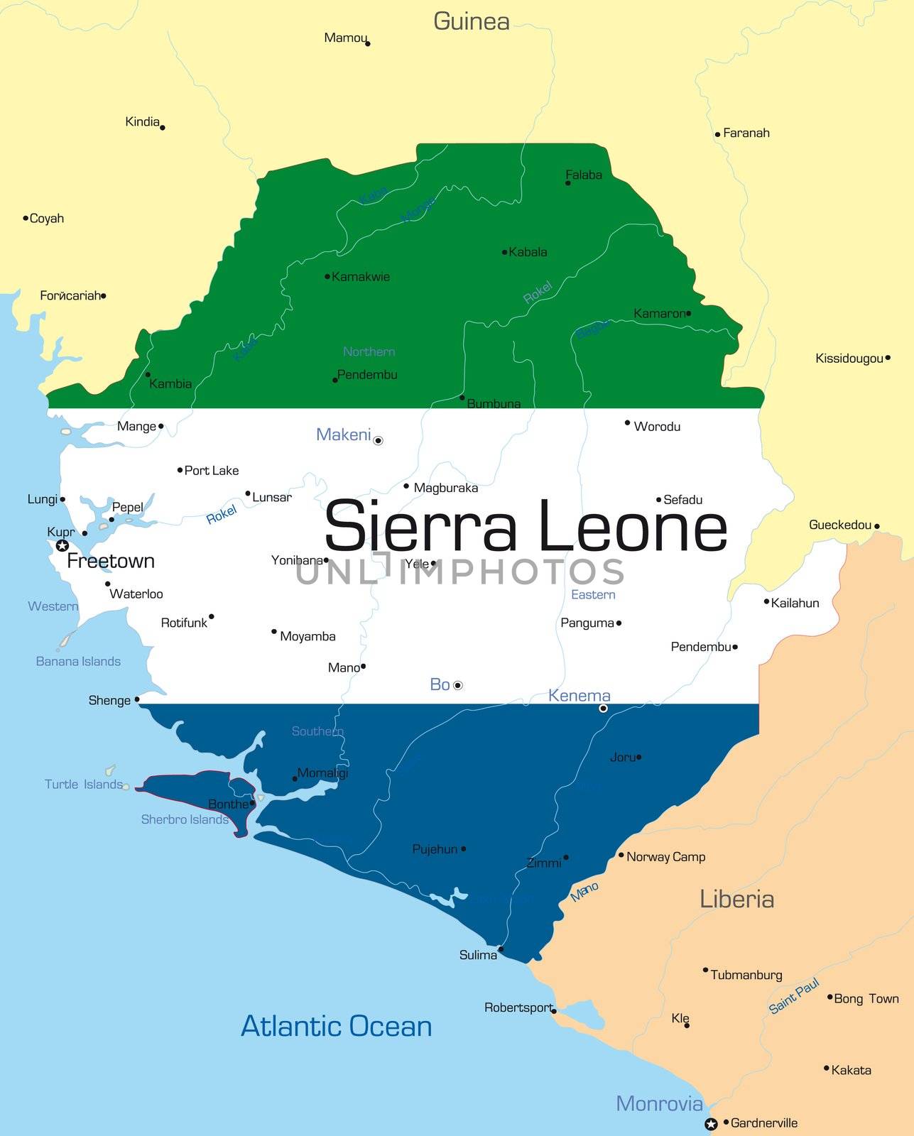 Abstract vector color map of Sierra Leone country colored by national flag
