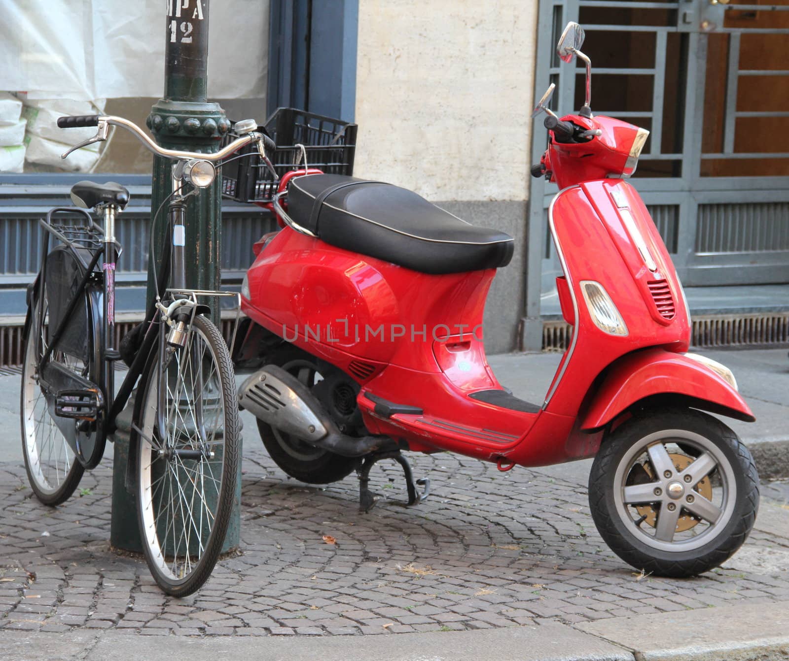 Classical scooter, red, bicicle, street, pavement, wheel, Vespa, Turin, Italy