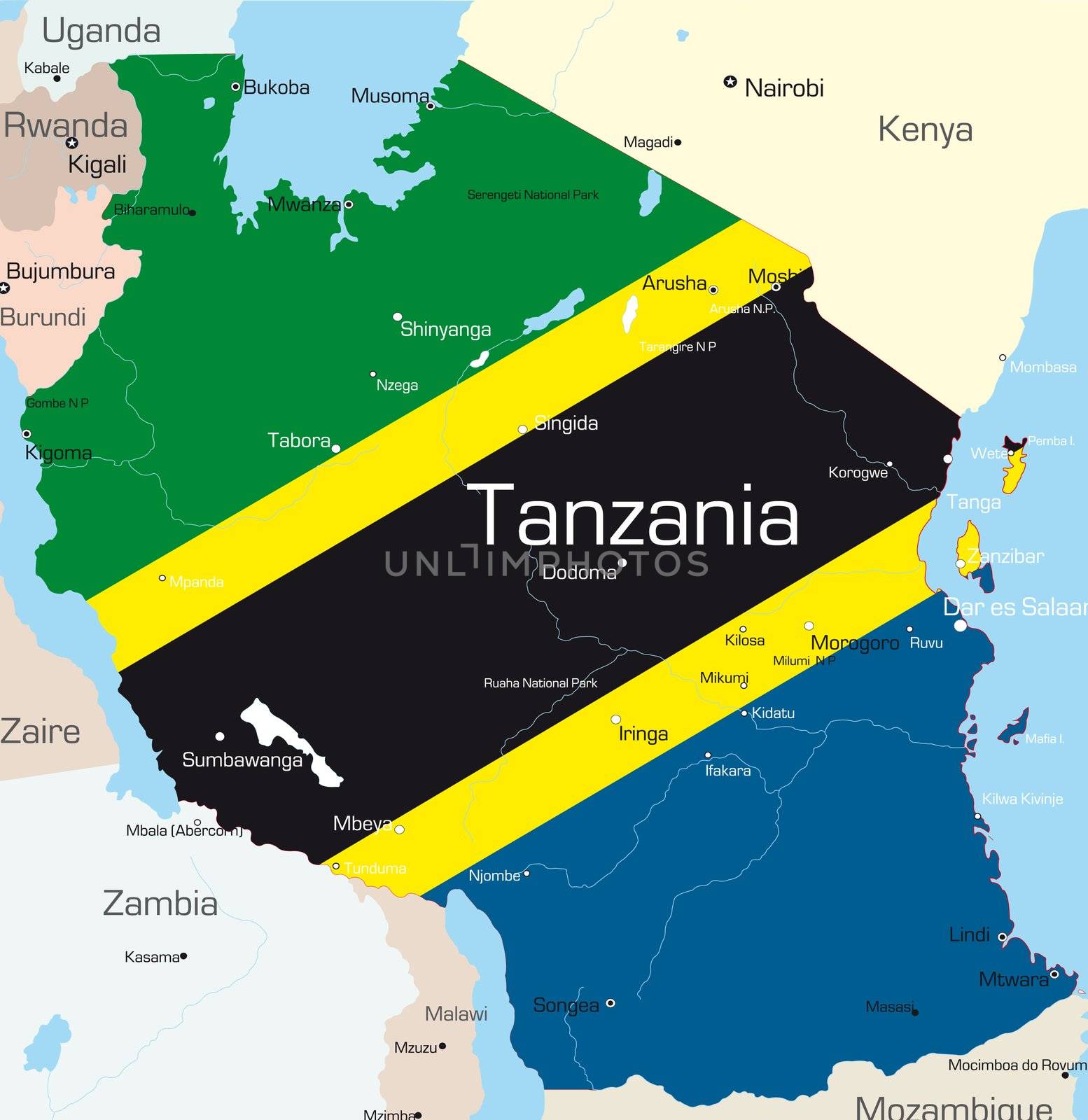 Abstract vector color map of Tanzania country colored by national flag