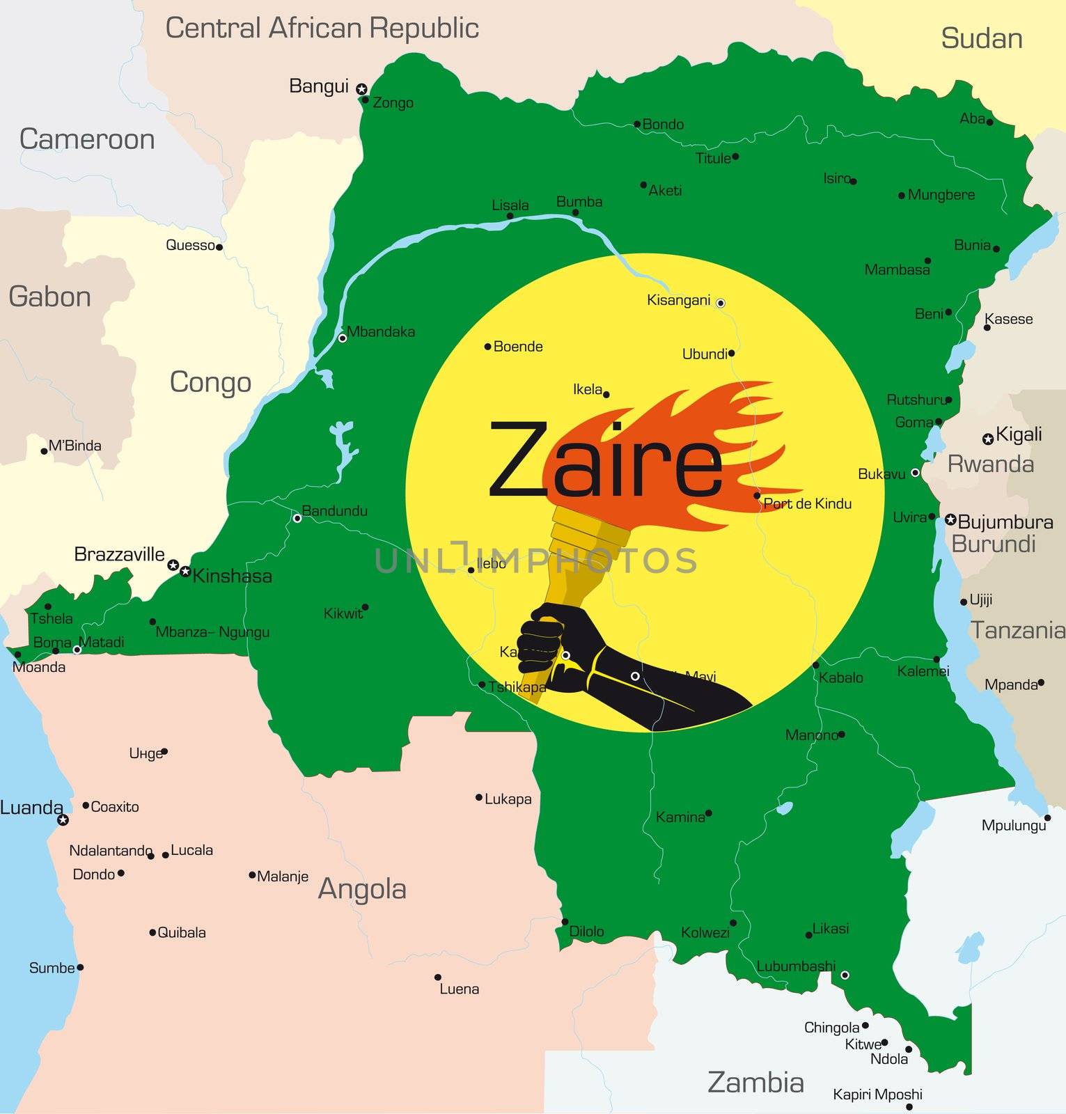 Abstract vector color map of Zaire country colored by national flag
