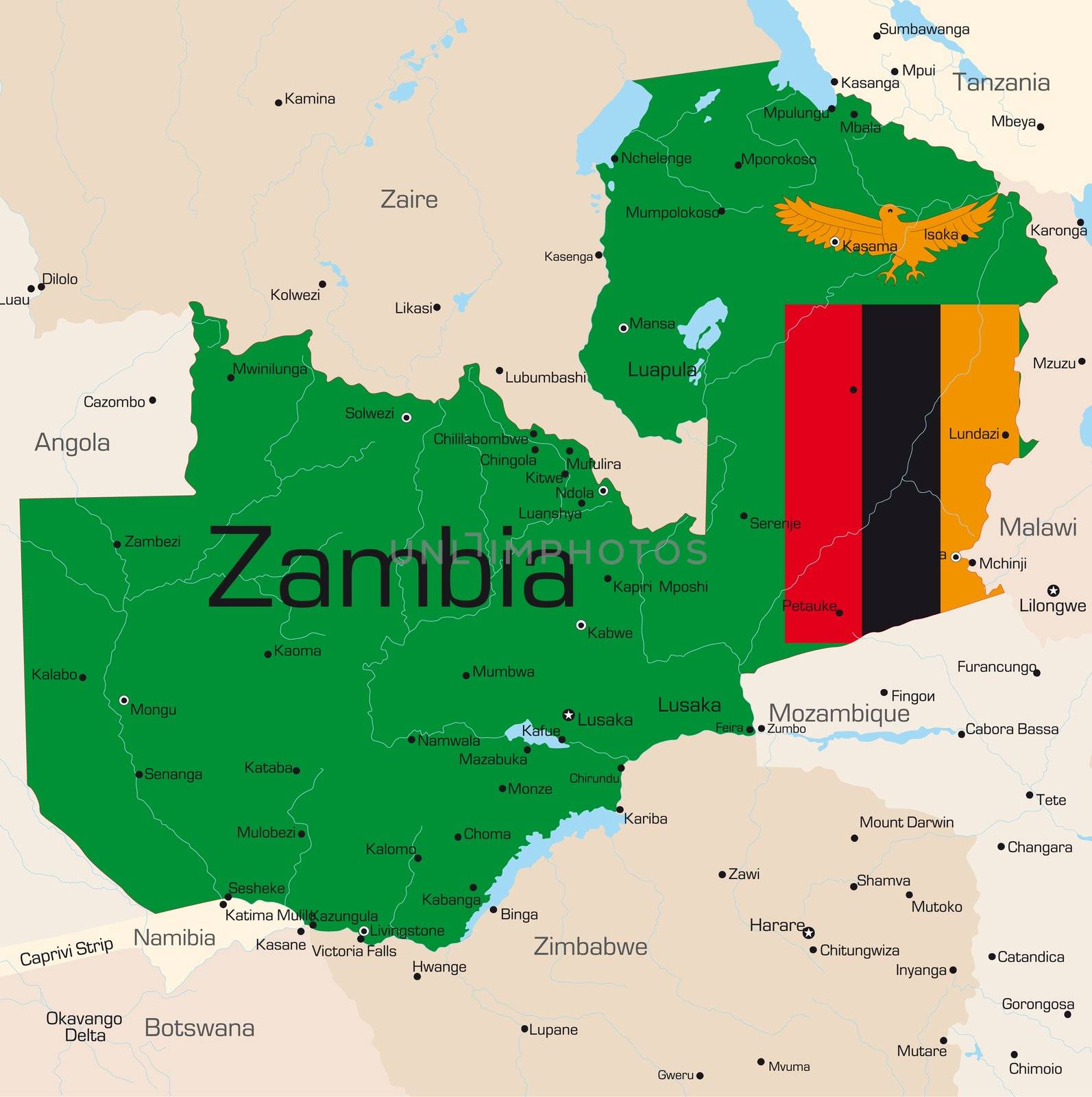 Abstract vector color map of Zambia country colored by national flag
