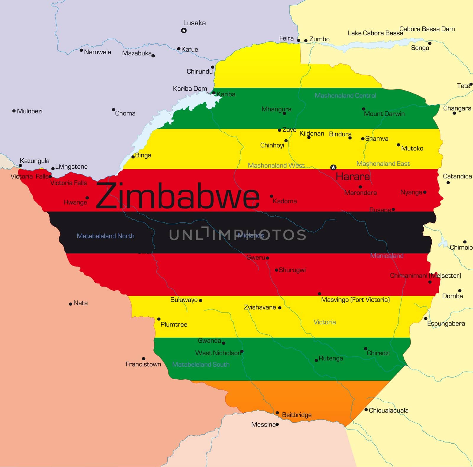 Abstract vector color map of Zimbabwe country colored by national flag