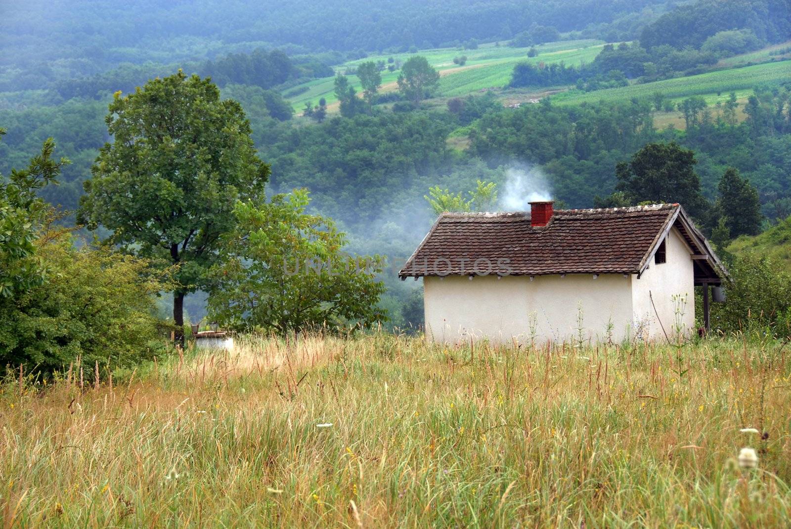 rural landscape of Serbia, lonely house on yellow meadow with smoke from chimney
