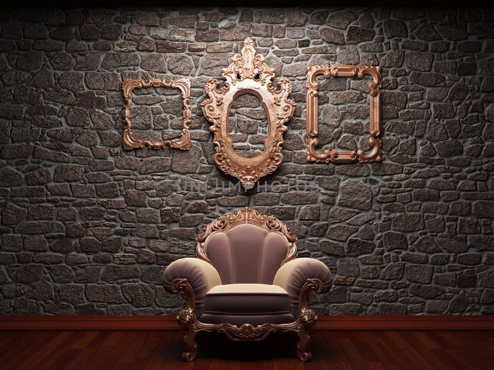 illuminated stone wall and chair made in 3D graphics