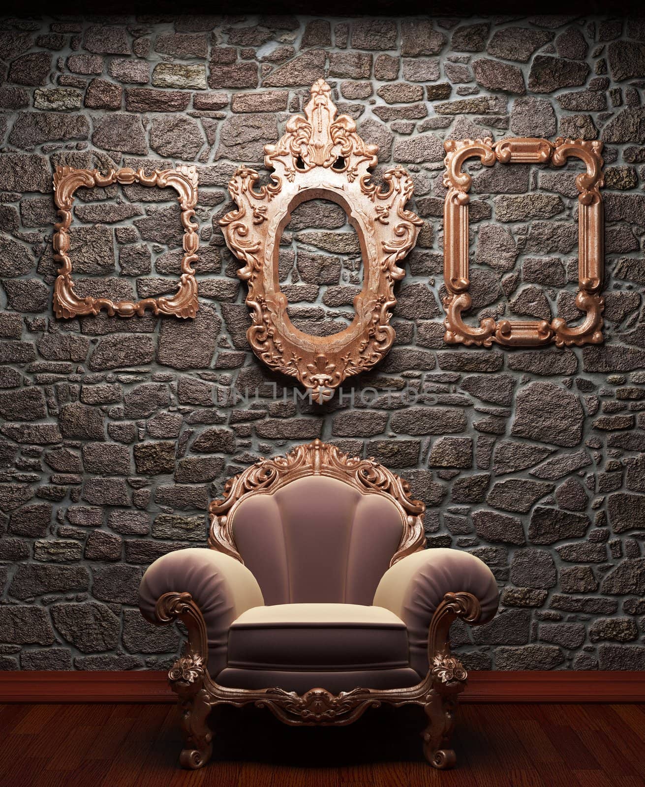 illuminated stone wall and chair made in 3D graphics