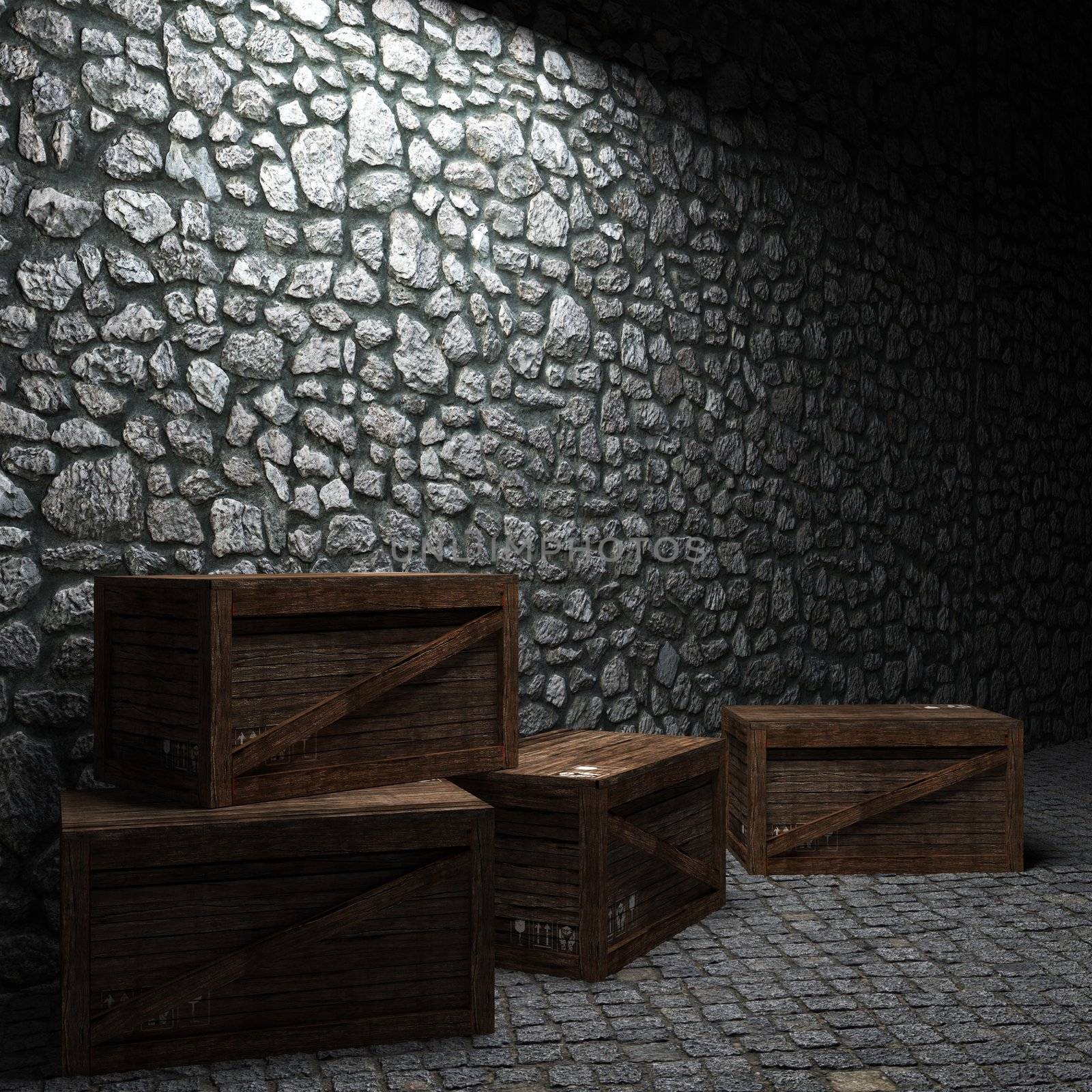 illuminated stone wall and boxes made in 3D graphics