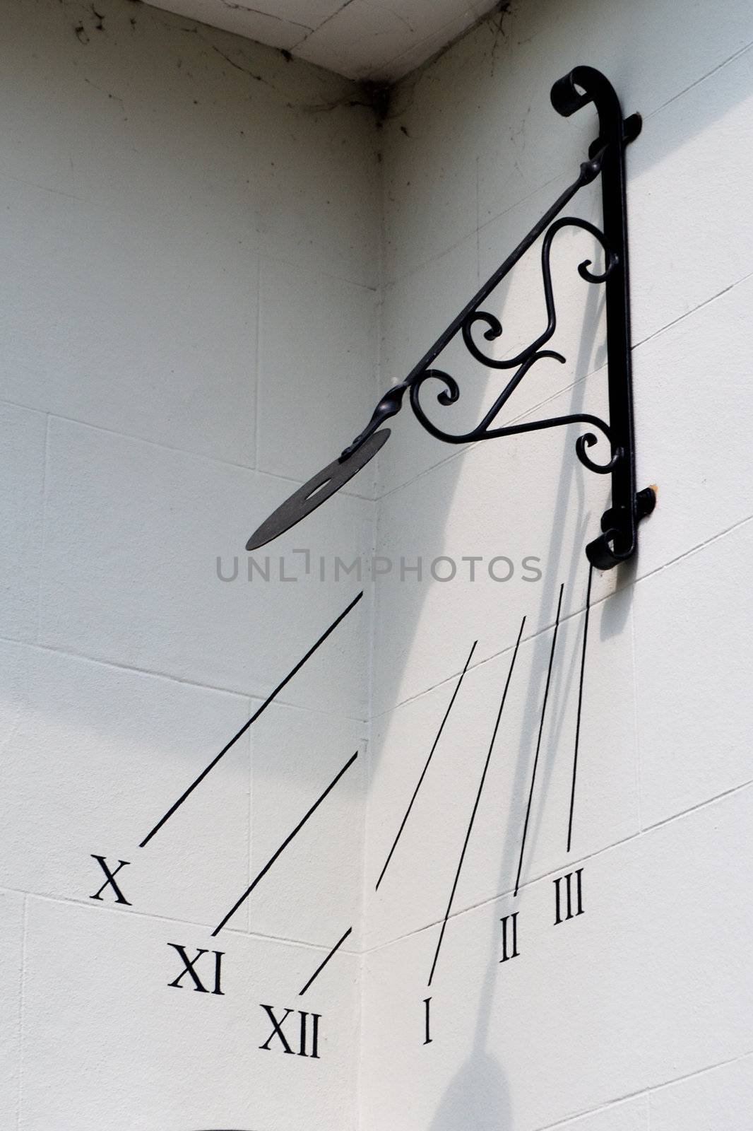 Sun dial detail on side of house