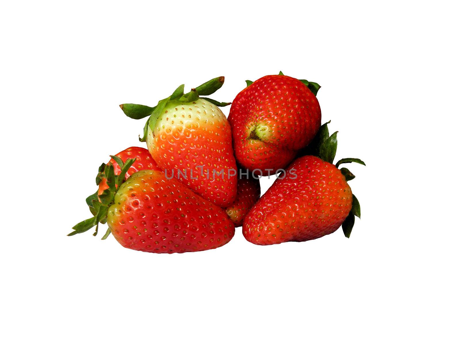 Strawberry photographed on a white background. Stacked in a pile.