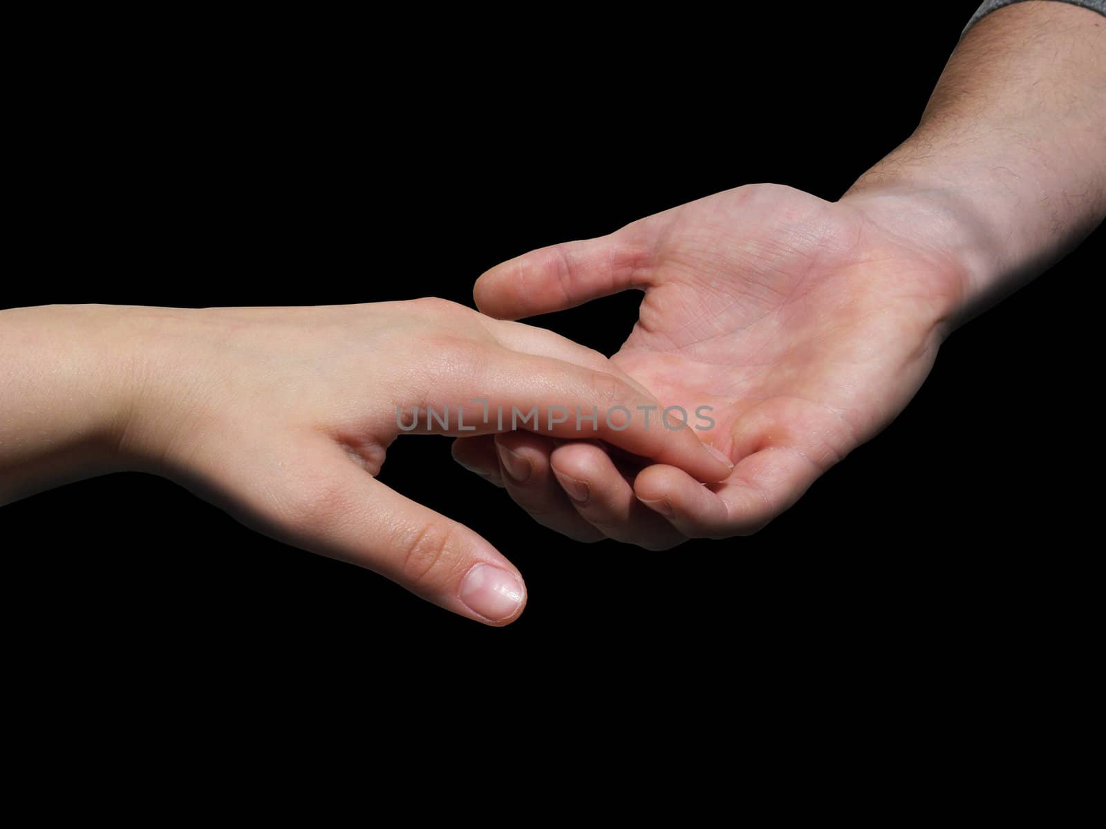 Men's and women's hand. Almost merged. Touch each other.