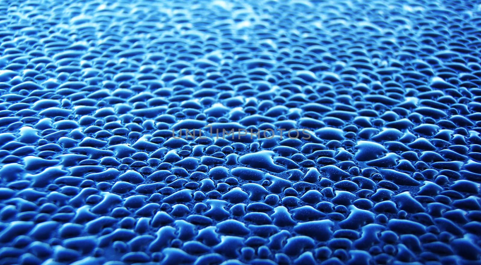 Water droplets photographed up close. Were photographed in their natural environment, under the open sky which is why they assumed a bright blue color.