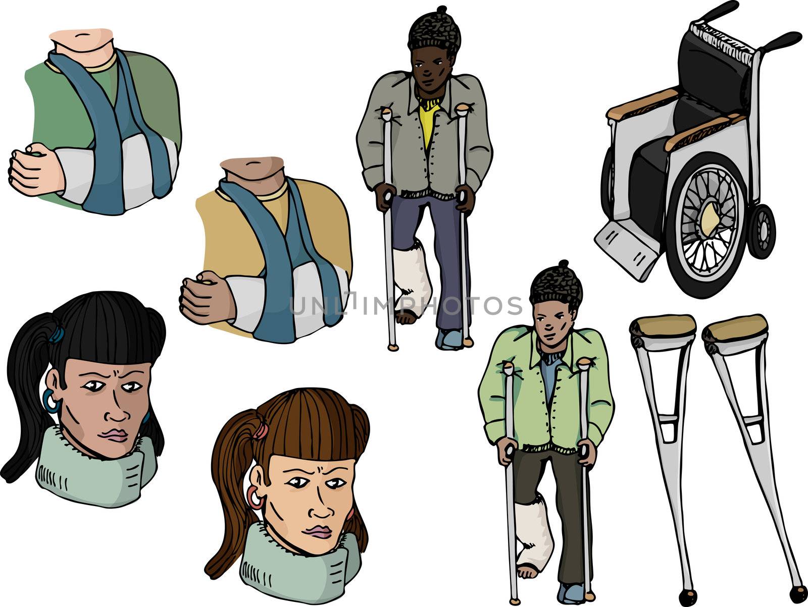 Nine various injury-related illustrations with diverse ethnic representation