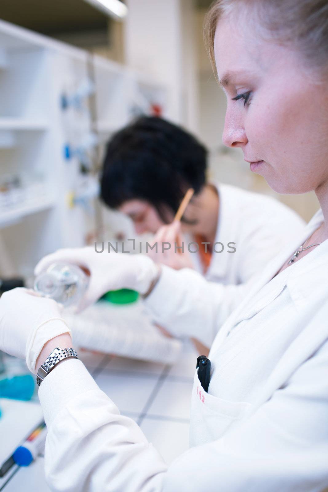 portrait of a female researcher carrying out research in a chemistry lab (color toned image; shallow DOF)