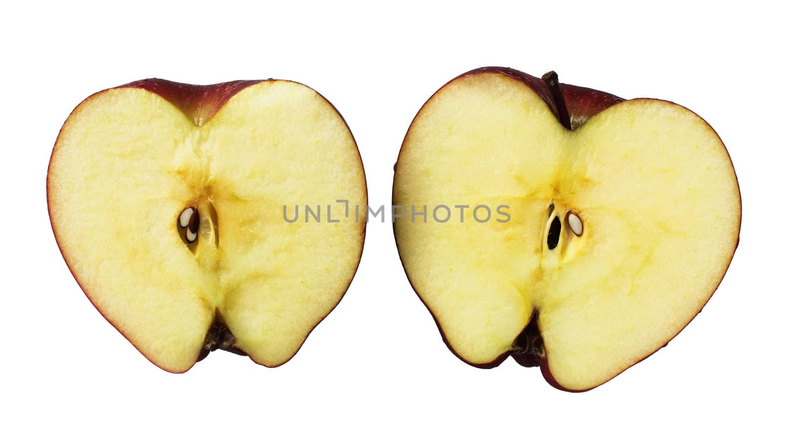 Fresh red apple cut into two parts isolated on white background